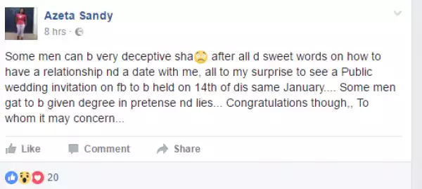 Lady gets shock of her life after finding out guy asking her out is about to get married in 2 weeks